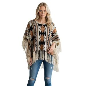 YA LOS ANGELES - South Western BoHo - Fringe Knit Poncho Sweater NWT M